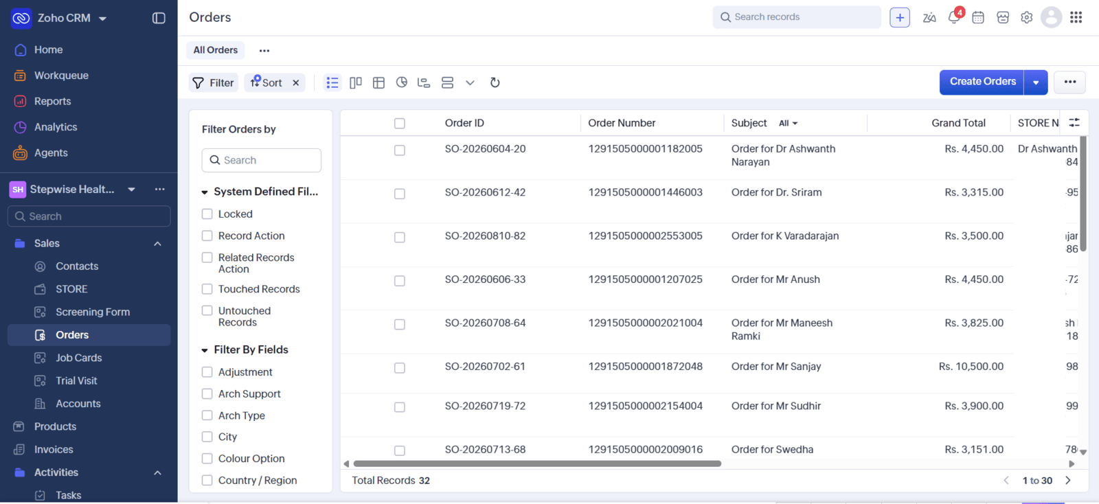 Order module view inside Zoho CRM